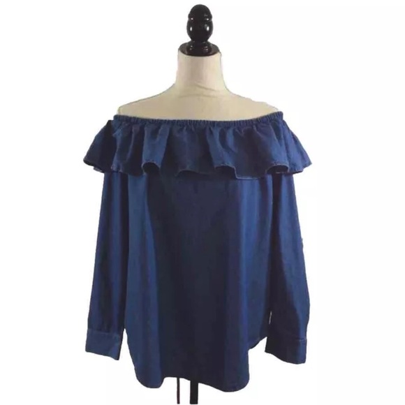 Ann Taylor Denim Off The Shoulder Cotton Blouse Size Large - Picture 2 of 9